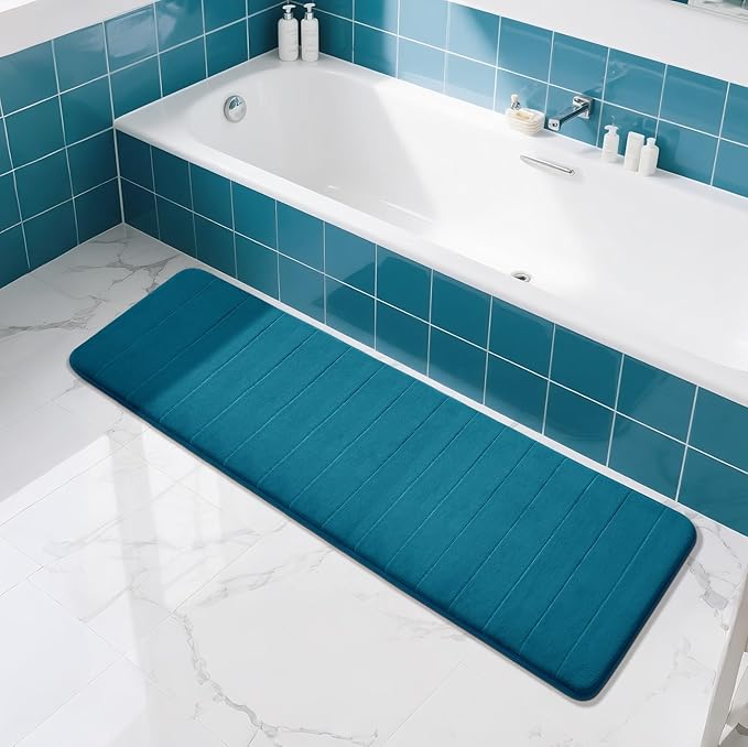 Yimobra Bathroom Runner 60"x24", Non Slip Memory Foam Bath Mat, Super Soft Water Absorbent Hallway Carpet, Machine Washable Rug for Vanity Tub Shower, Peacock Blue