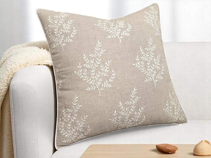 VAGMINE Embroidered Leaves Throw Pillow Cover - 18x18 Inches Square - 100% Linen Natural Decorative Cushion Cover - Artistic Floral Embroidery - Cozy Farmhouse & Boho Accent for Sofa, Couch, Bedroom