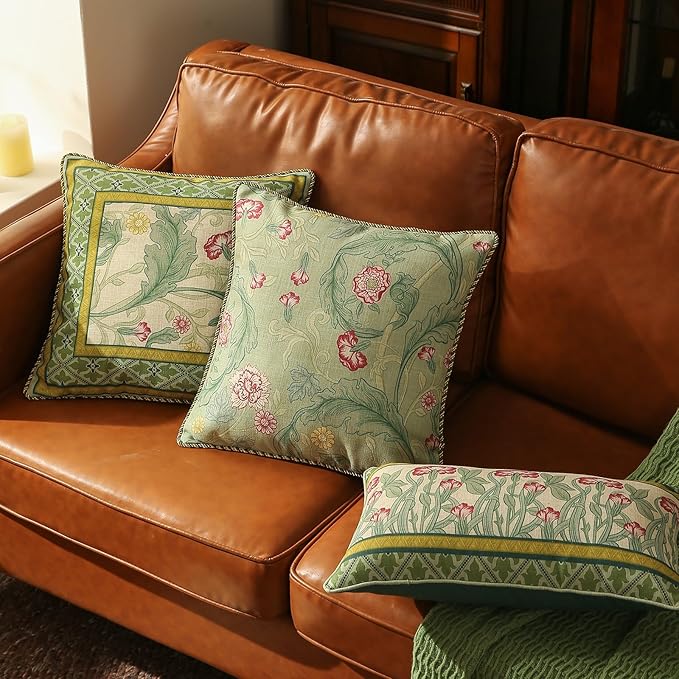 patdrea Designer Pack of 2 Rectangle Throw Pillow Covers,French Vintage Rustic Linen with Green Floral Pattern Pillows Cover,Decorative Lumbar Pillowcases Cushion for Bed Living Room,12"x20"