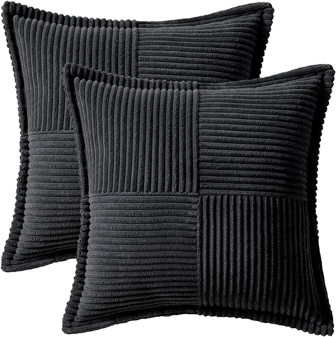 MIULEE Decorative Throw Pillow Covers for Couch Bed Livingroom 20x20 Inch Set of 2 Black Boho Accent Throw Pllows Broadside Striped Patchwork Soft Corduroy Pillowcases
