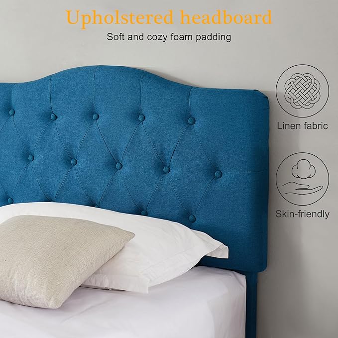 VECELO Twin Size Bed Frame Upholstered Platform with Tufted Adjustable Headboard/Mattress Foundation with Wood Slat Support, Easy Assembly,Blue