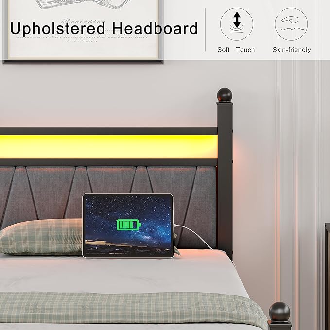 Full Bed Frame with Smart LED Lights, Storage Headboard and USB Charging Station,Heavy Duty Wooden Slats, No Box Spring Needed, Noise Free, Easy Assembly (Modern Black, Twin)
