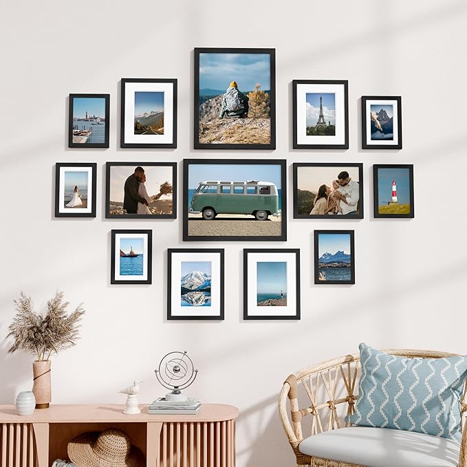 Vittanly Picture Frames Set of 14, Gallery Wall Frame Set with 2Pcs 11x14, 6Pcs 8x10 and 6Pcs 5x7 Photo Frames, Picture Frames Collage Wall Decor for Wall or Tabletop Display, Black
