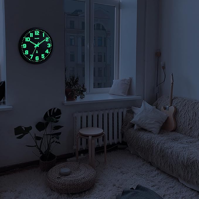 Sharp Glow in The Dark Atomic Analog Wall Clock - 12" Clock with Black Frame - Sets Automatically - Battery Operated - Easy to Read - Easy to Use – See Day or Night!