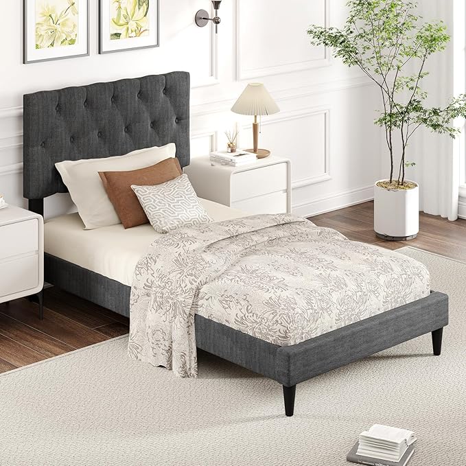 Giantex Twin Bed Frames with Headboard, Modern Upholstered Platform Bed Frame with Diamond Tufting Headboard, Wooden Slats Support, No Box Spring Needed, Gray