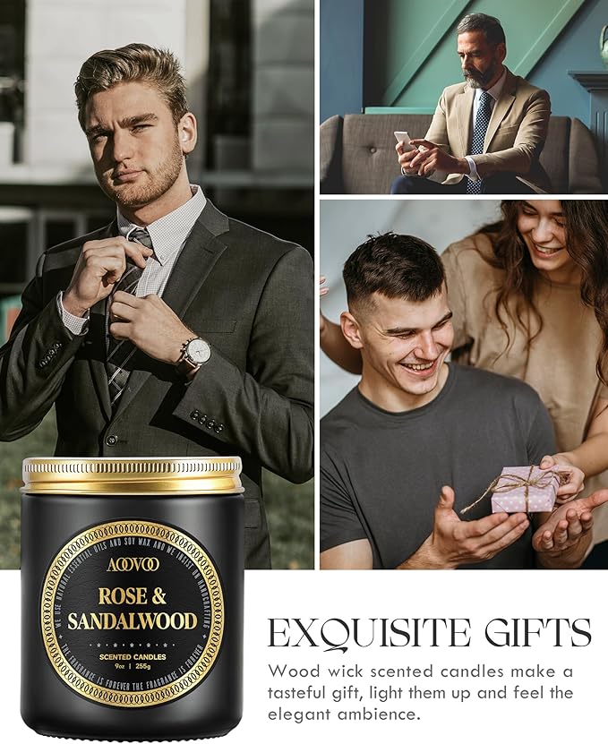 AOOVOO Scented Candles for Men - Rose & Sandalwood Candles for Home Scented | Crackling Wood Wick Soy Candle | Strong Fragranced Masculine Black Candle Gift for Women & Men, 9oz