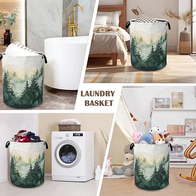 Large Laundry Basket,Green Forest Collapsible Laundry Baskets,Misty Mountains Waterproof Oxford Hamper with Handles for Bathroom Bedroom Nursery Home Storage 16"x20"