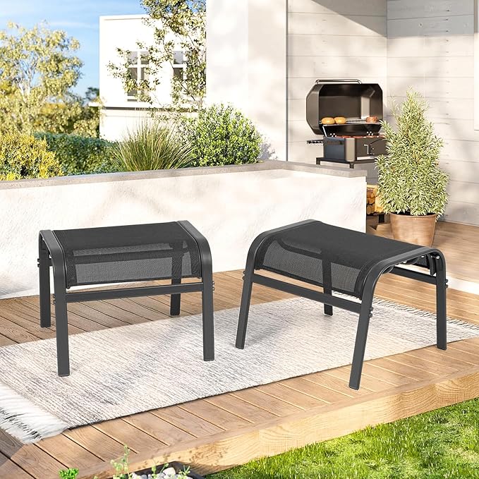 ONBRILL Outdoor Ottoman Foot Rest Set of 2, Textilene Fabric Outdoor Footstool with Tight Surface and Stable Metal Frame, Wide Use Outdoor Ottomans for Patio, Balcony, Poolside and Indoors, Black
