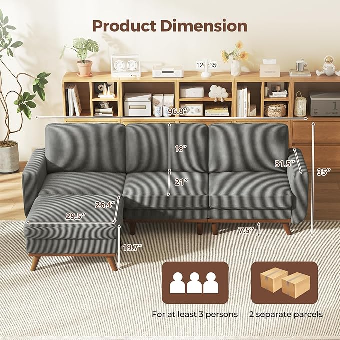 Vesgantti 97" Modular Sectional Sofa Dark Gray, L-Shaped Couch with Movable Ottoman, Comfy Corduroy Couch with Spring Cushion, Modular Sofa with Deep Seat for Living Room, Bedroom and Apartment