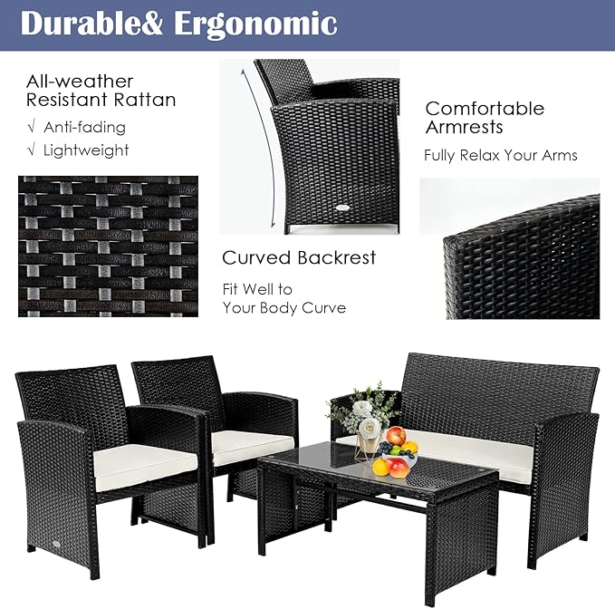 Tangkula 6 Pieces Patio Furniture Set, Outdoor Sectional Conversation PE Rattan Sofa Set with 1 Loveseat, 1 Coffee Table, 2 Armchairs and 2 Ottomans for Garden, Deck, Backyard and Poolside (White)