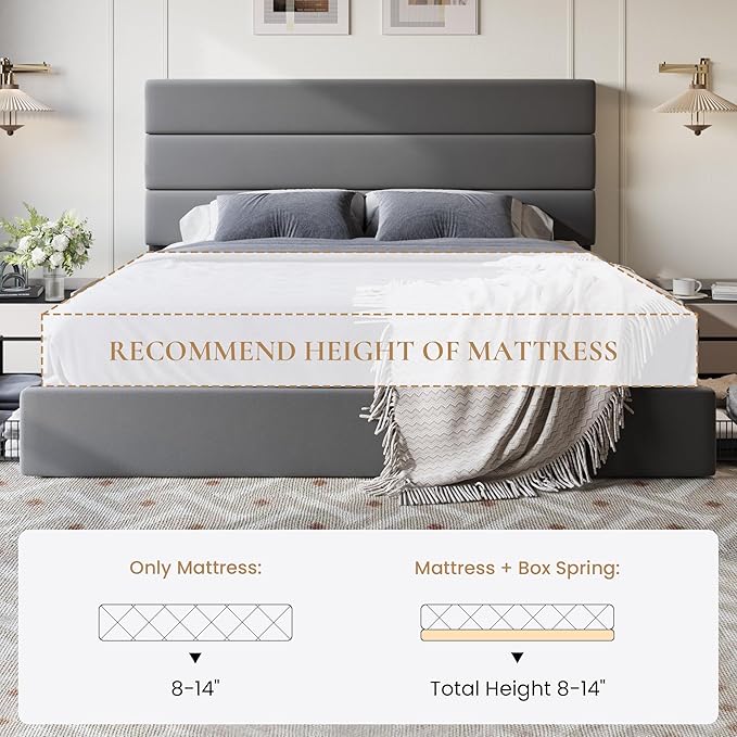 SHA CERLIN King Size Platform Bed Frame with 4 Storage Drawers, Velvet Upholstered Headboard, Mattress Foundation with Wooden Slats Support, No Box Spring Needed, Easy Assembly, Grey