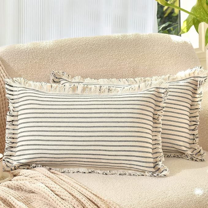 ZWJD Throw Pillow Covers 12x20 Set of 2 Striped Pillow Covers with Fringe Chic Cotton Decorative Pillows Square Cushion Covers for Sofa Couch Bed Living Room Farmhouse Decor