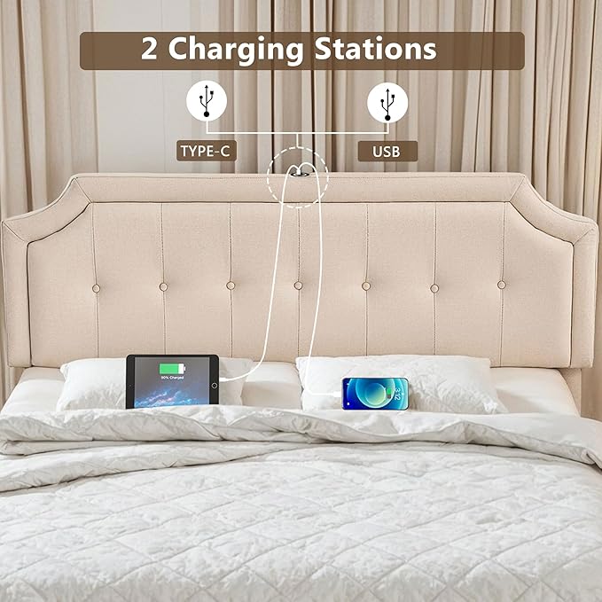 VECELO Queen Size Platform Bed Frame with 4 Storage Drawers,Fabric Upholstered Headboard and Wooden Slats Support,Built-in USB and Type C Ports, No Box Spring Needed,Easy Assembly