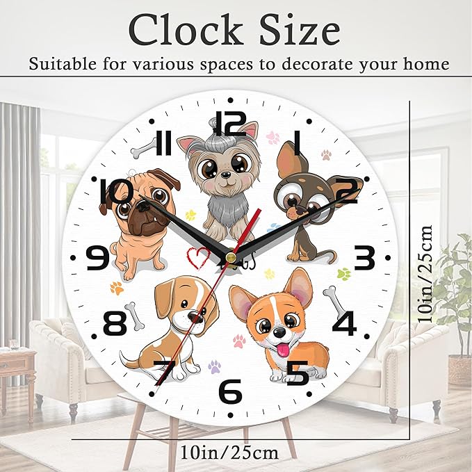 Wall Clock, 10 Inch Silent Non-Ticking Home Kitchen Decor, Battery Operated for Bathroom Bedroom Living Room Office(Cute Dogs)