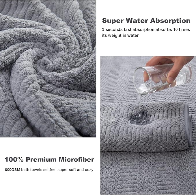 8 Piece Oversized Bath Towels Set Gray,2 Extra Large Bath Towel Sheets,2 Hand Towels and 4 Washcloths 600 GSM Highly Absorbent Quick Dry Towels Set for Bathroom Hotel