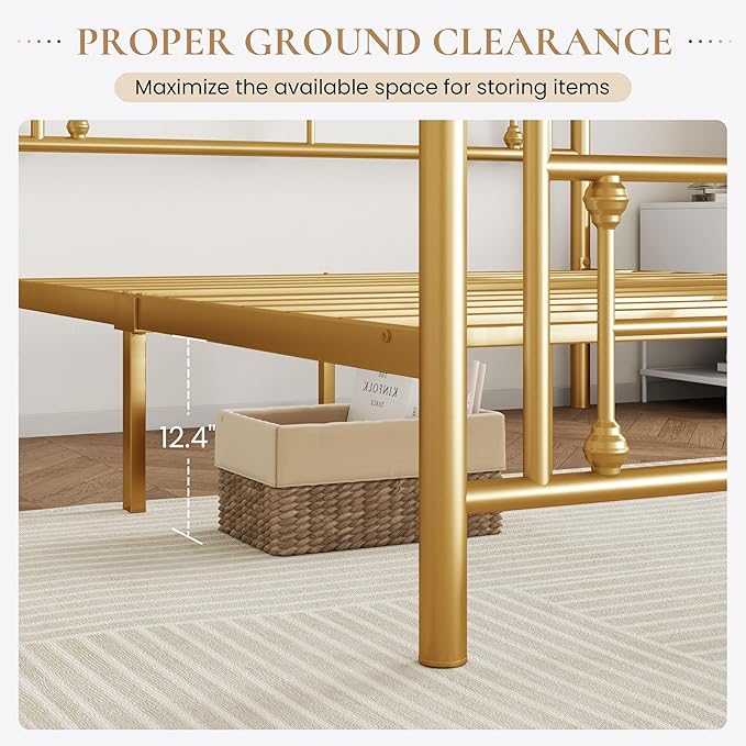 SHA CERLIN 14 Inches Twin Size Metal Platform Bed Frame/Vintage Iron-Art Headboard and Footboard/Mattress Foundation/No Box Spring Needed/Noise-Free/Easy Assembly/Gold