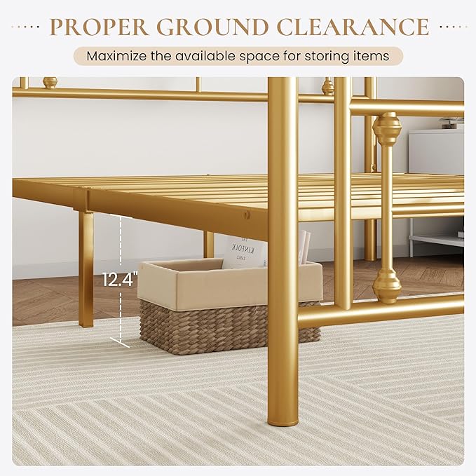 SHA CERLIN 14 Inches Queen Size Metal Platform Bed Frame/Vintage Iron-Art Headboard and Footboard/Mattress Foundation for Storage/No Box Spring Needed/Noise-Free/Easy Assembly/Gold