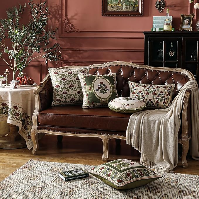 Design Linen Square Throw Pillow Covers 18"x18" Pack of 2, Yellow Green French Cushion Covers with Red Rose Floral Pattern Decoration Pillowcases for Bed, Living Room, Outdoor, Car