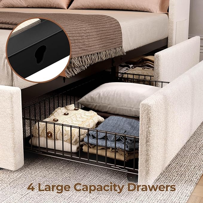 Rolanstar Full Size Bed Frame with Charging Station and LED Lights, Upholstered Bed with Adjustable Headboard and 4 Storage Drawers, No Box Spring Needed, Easy Assembly, White