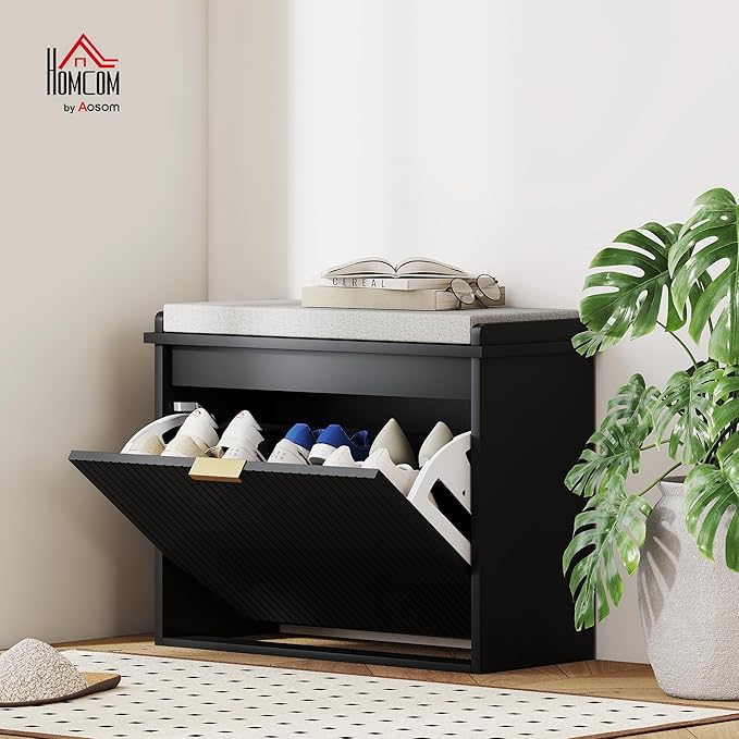 HOMCOM Narrow Shoe Bench with Padded Seat Cushion and Flip-Drawer, Small Entryway Bench Holds up to 265lb, Shoe Cabinet, 24.4x10.2x18.7 Inches, Black