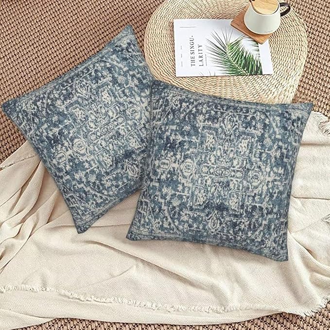 Navy Blue Boho Pillow Covers 22x22 Set of 2, Carpet Pattern Outdoor Decorative Throw Pillows Ethnic Rustic Farmhouse Cushion Cases Linen Gifts for Couch Sofa Decor