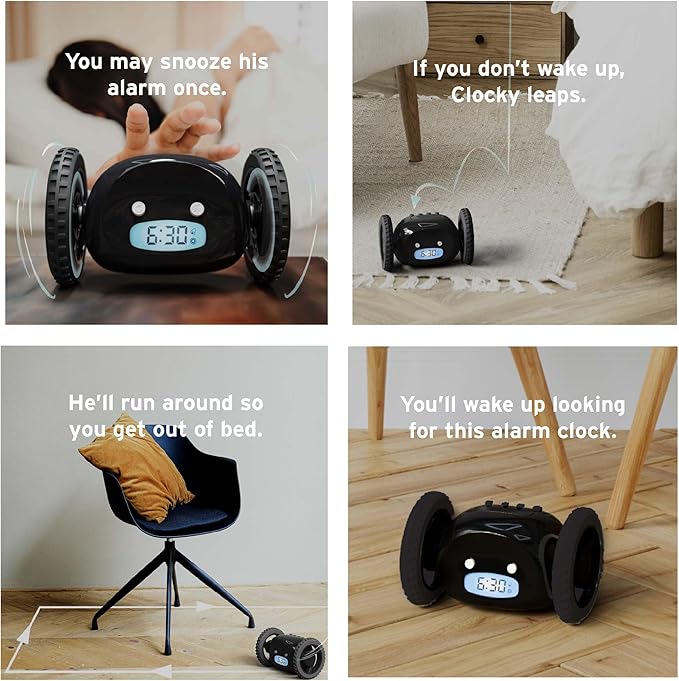 CLOCKY Extra Loud Alarm Clock for Heavy Sleepers on Wheels Rolls Runaway Vibrating Easy To Set Super Smart Snooze Digital Bed Shaker Alarm Clock Funny Gift for Adults Kids Teens Bedroom (Black Wheels)