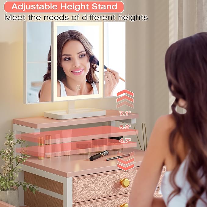 Vanity Desk with Mirror and Lights, 28.4''W Small Makeup Vanity Table with Height-Adjustable Stand, 2 Fabric Drawers Compact Makeup Desk, Gift for Girls, Bedroom Small Space, Pink