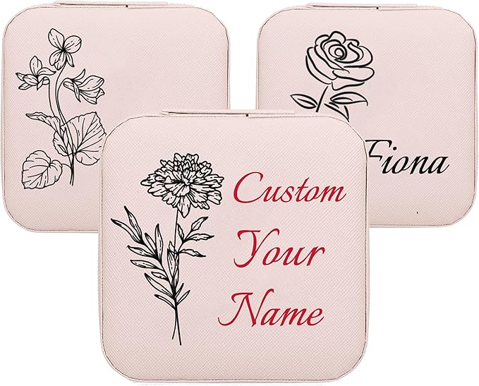Personalized Jewelry Boxes for Women, Custom Travel Jewelry Case with Name and Birth Flower Month, Portable Jewelry Box Organizer for Mom Birthday Gifts (Pink Customizable)