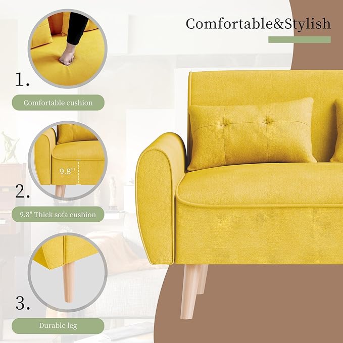Vongrasig 47" Small Modern Loveseat Sofa, Mid Century Linen Fabric 2-Seat Sofa Couch Tufted Love Seat with Back Cushions and Tapered Legs for Living Room, Bedroom and Small Space (Yellow)