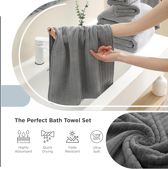 18 Piece Family Bath Towel Set Include 6 Bath Towels,6 Hand Towels and 6 Washcloths Soft Bathroom Towel with Hanging Loops,Highly Absorbent Quick Dry Towels Set for Bathroom,Hotel and Spa-Grey