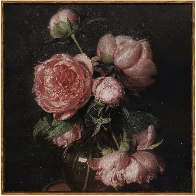 InSimSea Square Framed Canvas Wall Art, Large Decor Vintage Peony Flower Paintings, Floral Wall Pictures for Bedroom Bathroom Living Room, Canvas Prints Artwork, Farmhouse Decor 24"x24"