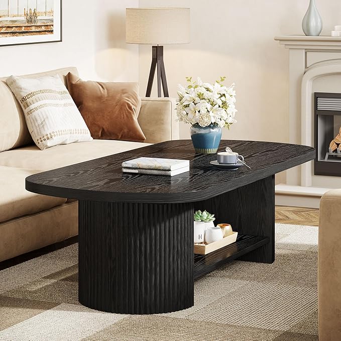 Tribesigns Oval Coffee Table, Mid-Century 2-Tier Coffee Table with Storage Shelf, Modern 45.27" Accent Center Table with Wooden Dual Base for Living Room Bedroom Apartment (Black)