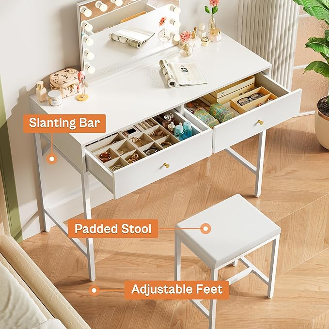 SUPERJARE 35.4" White Desk with 2 Drawers, Modern Makeup Vanity with Padded Stool, Small Computer Desk Home Office Desk for Writing Study Bedroom