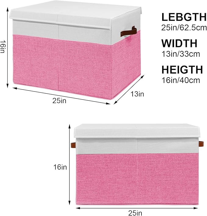 Large Toy Box with Lid, Sturdy Toy Storage Chest Bin Boxes Organizer Basket with Dividers for Toddlers, Kids, Boys, Girls, Nursery, Closet, Bedroom, Playroom 25"x13" x16" (Pink and White)