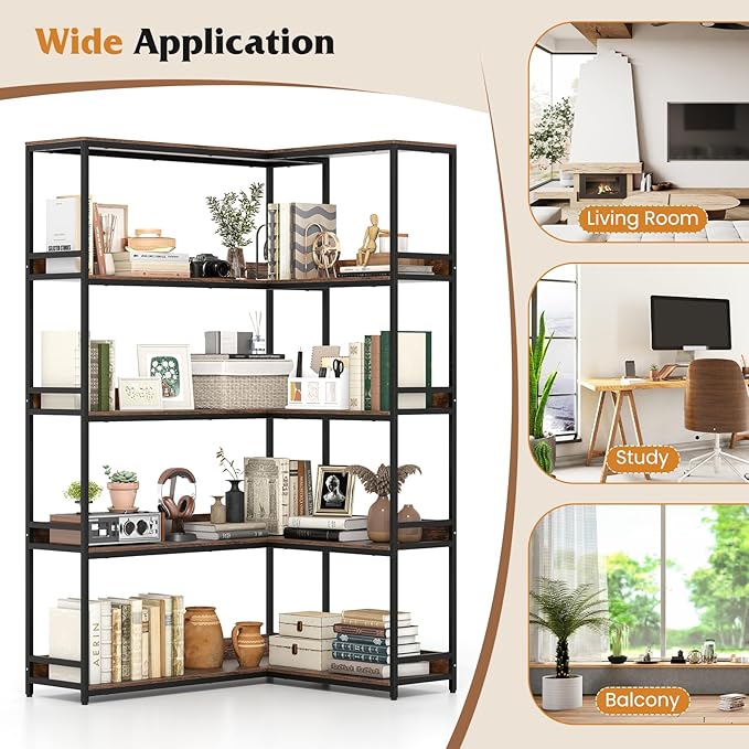 Tangkula Large Corner Bookshelf, 90 Degrees 5-Tier Industrial Wood Open Corner Bookcase for Small Spaces, Heavy-Duty Metal Frame, 71”H L-Shaped Storage Display Rack for Living Room (Rustic Brown)