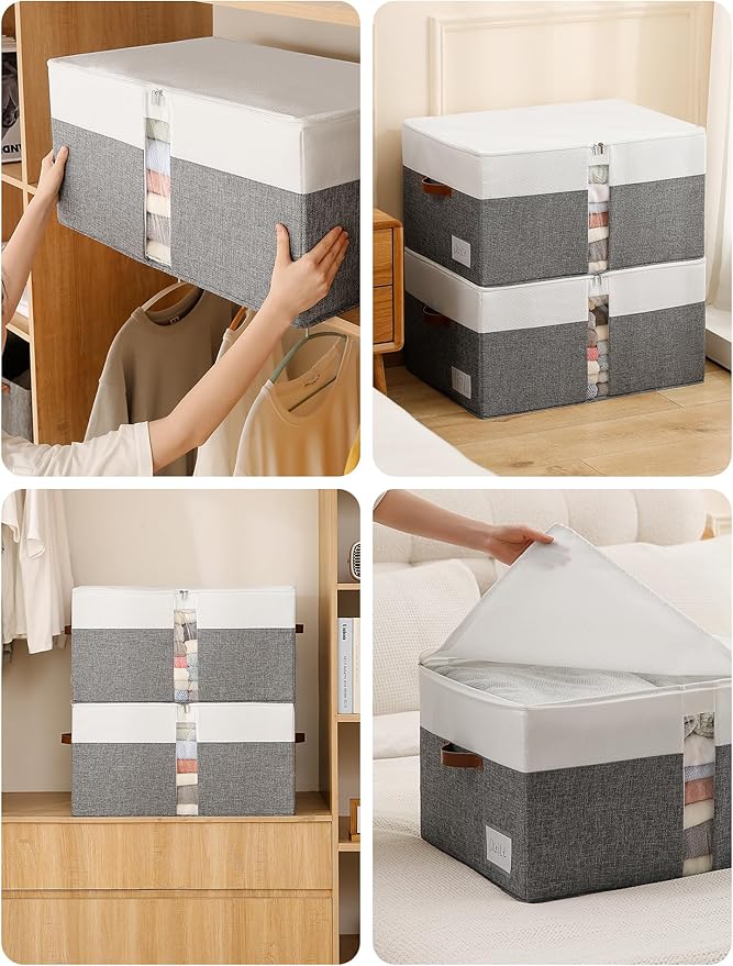 Reinforced LARGE Blanket Storage Baskets with Lids, 2 Packs Stackable Comforter Storage Bag with Clear Window & Handles, Clothes Organizer for Closet,King/Queen Comforters Quilt Duvet