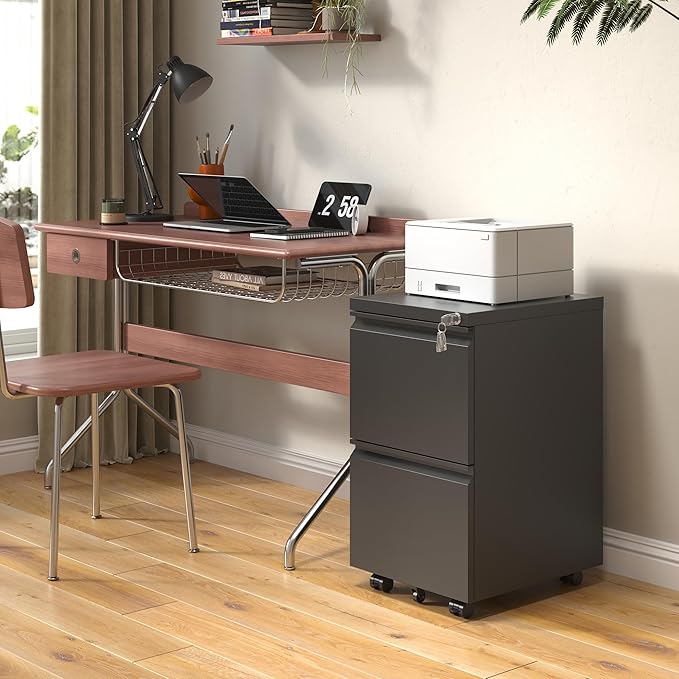 2 Drawer Mobile File Cabinet Under Desk Metal Filing Cabinet Vertical File Cabinet with Lock Office Rolling Storage Cabinets for Legal/Letter/A4 File Fully Assembled Except Wheels