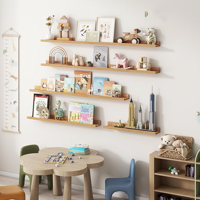 Picture Ledge Shelf - 24 Inches Floating Shelves Set of 2 - Rustic Elm Wood Ledge Shelves for Toys Storage, Kids Bookshelf Wall Mounted for Bedroom, Living Room, Kitchen - 24 Inches - Natural Color