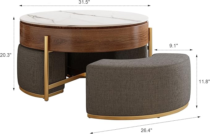 WILLIAMSPACE 31.5" Lift Top Coffee Table Set, Modern Round Marble Coffee Table with Storage & 3 Upholstered Nesting Ottomans, Accent Center Table for Living Room, Apartment