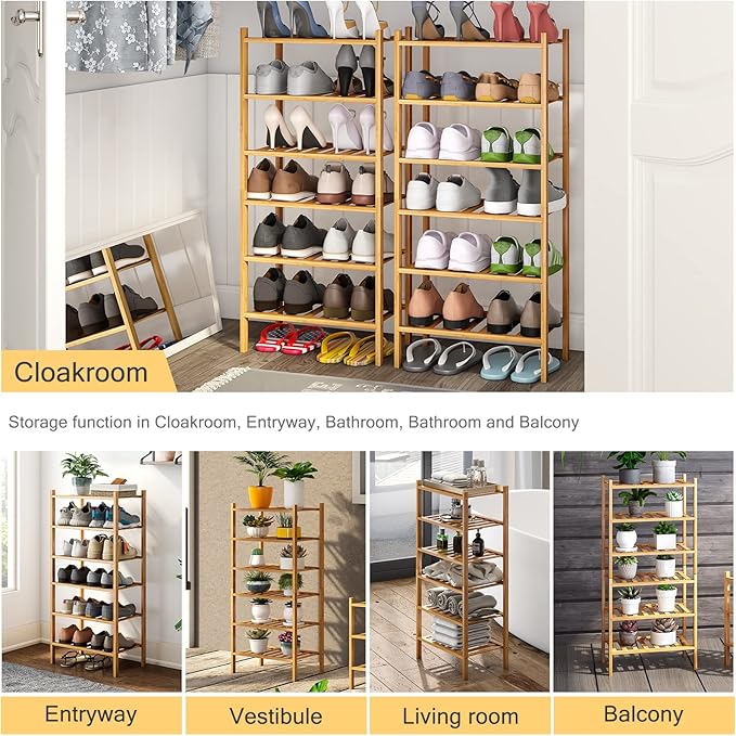 6-Tier Small Shoe Rack for Entryway, Stackable | Heavy Duty | Multi-Function, Bamboo Free Standing Shoe Racks for Bedroom Hallway Closet