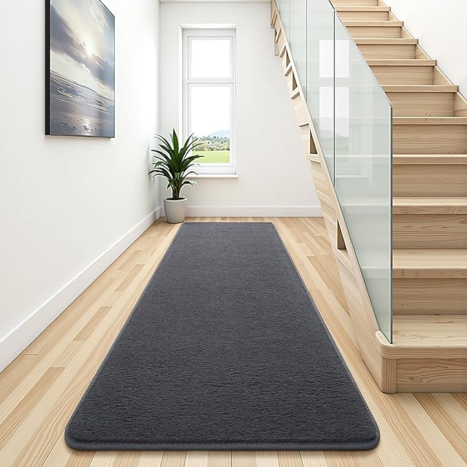 Soft 2x8 Runner Rugs for Bedroom Hallway, Non Slip Long Runners for Kitchen Laundry Dorm Washable, Modern Low Pile Area Rugs for Boys Men, Dark Grey