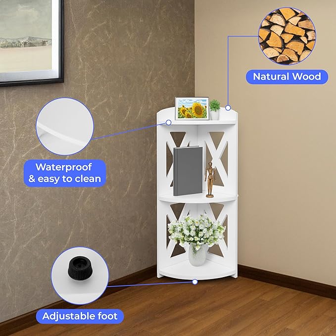 Corner Shelf Stand, Corner Bookshelf, Small Corner Shelves by Natural Wood, Plant Stand, Corner Bookcase for Living Room, Home Office, Bedroom, (White, 3 Tier X)