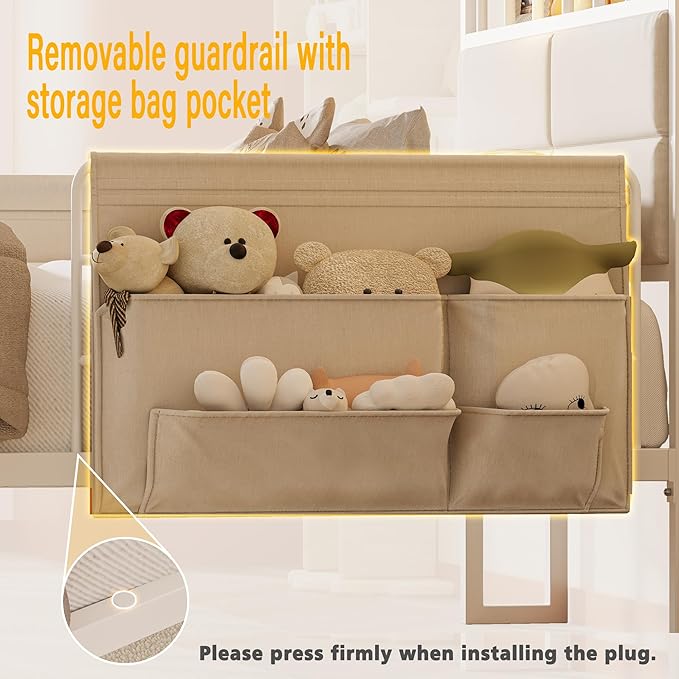 LIKIMIO Twin Bed Frame with Guardrail & Bedside Caddy, Multifunctional Headboard with Charging Station, Durable Metal Platform Bed, Noise-Free, No Box Spring Needed, White