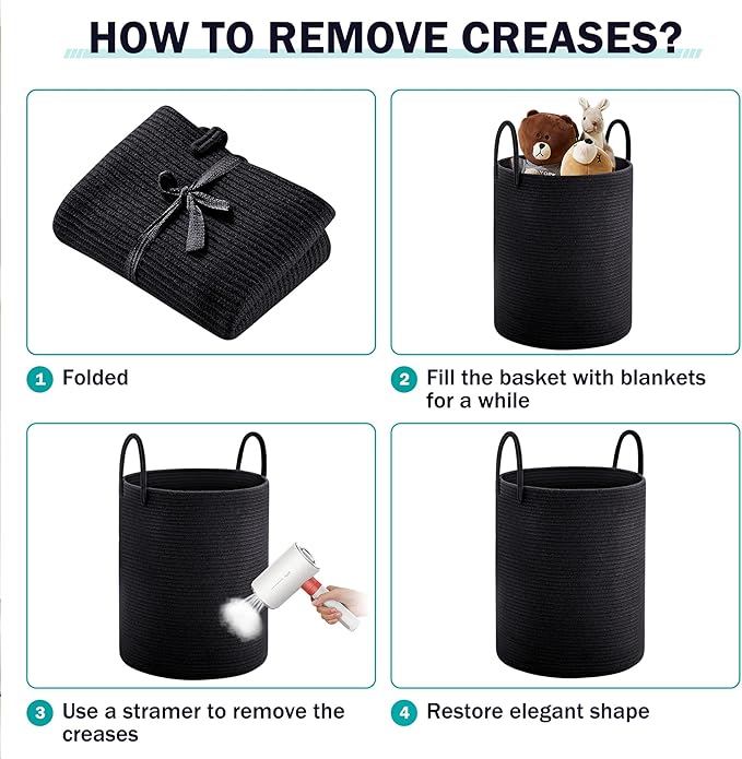 Woven Rope Laundry Hamper Basket, 58L Tall Laundry Basket, Baby Nursery Hamper for Blanket Storage in Bedroom-Large- Black