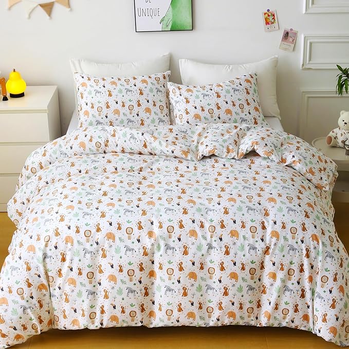 Ivellow Twin Duvet Cover for Kids Cartoon 100% Cotton Kids' Duvet Cover Set Zoo Animal Lion Elephant Patterned Ultra Soft Breathable Cute Toddler Bedding Set Zipper Closure Boys Girls Teens
