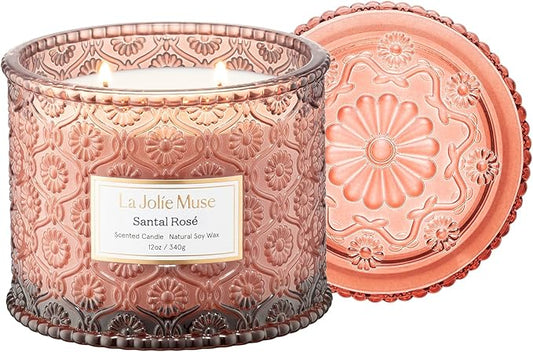 LA JOLIE MUSE Rose Candle, Scented Candles for Home, Large 2-Wick Soy Candles, Luxury Pink Candle Gifts for Women & Men, 60 Hours Long Burning, Santal Rose, 12oz