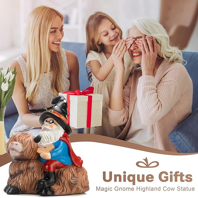 Highland Cow Solar Garden Gnome Outdoor Statue 8 Inch Funny Gnomes Decorations for Yard Lawn Patio Adorable Decor Birthday Gifts for Women Mom Grandma