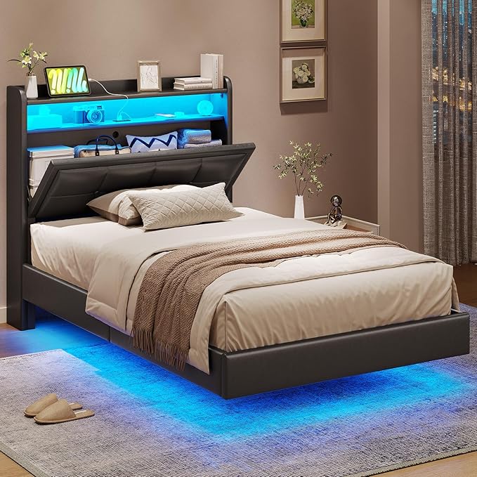 Twin Size Floating Bed Frame with Tufted Storage Headboard, LED Upholstered Platform Bed with 4 Charging Ports, Black Pu Leather Bed, No Box Spring Needed, Wood Slats