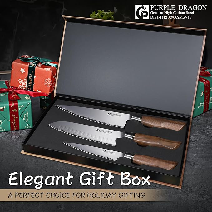 Purple Dragon Knife Set, 3Pcs Kitchen Knives Set, German VG10 Steel Japanese Chef Knife 7.8 Inch Santoku Knife 7 Inch Utility Knife 5.1 Inch, Razor-Sharp Knives with Gift Box