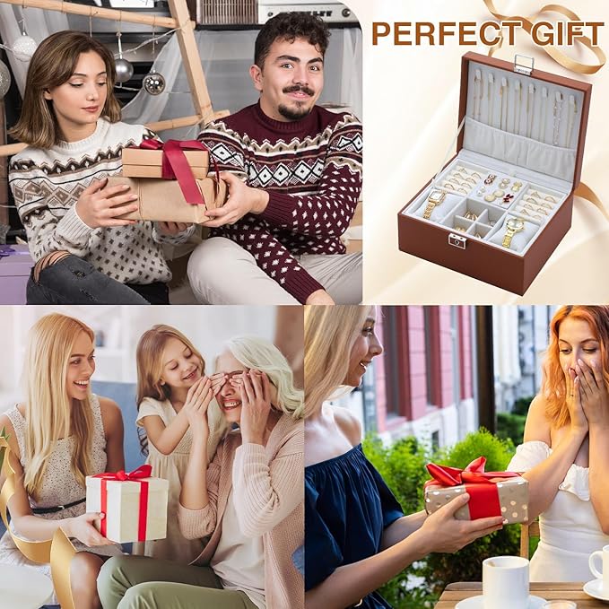 Jewelry Organizer Box for Women,Large Genuine Leather Jewelry Organizers and Storage with Earring Holder Organizer Removable Velvet Jewelry Tray,Christmas Gifts for Mom,Orange